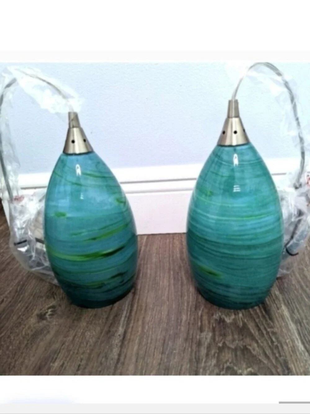 NEW! 2 Blown Art Glass Pendant Lights Lamps Accent Lamp teal- blue- green